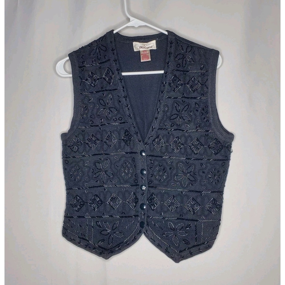 Vtg Worthington Beaded Sweater Vest Women Small Black Whimsigoth Grunge Romantic